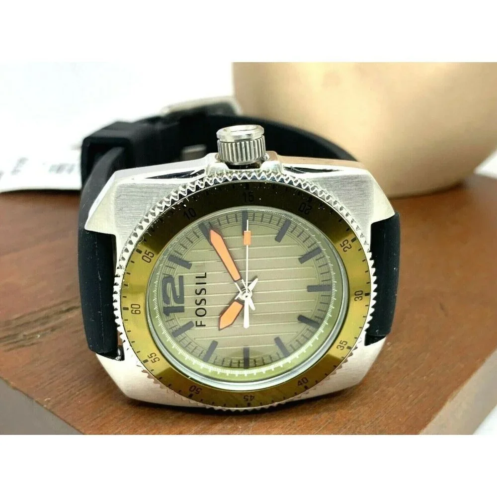 Fossil Men's Watch WB1043 Quartz Green Dial Silver Case 38mm Black Rubber Band
